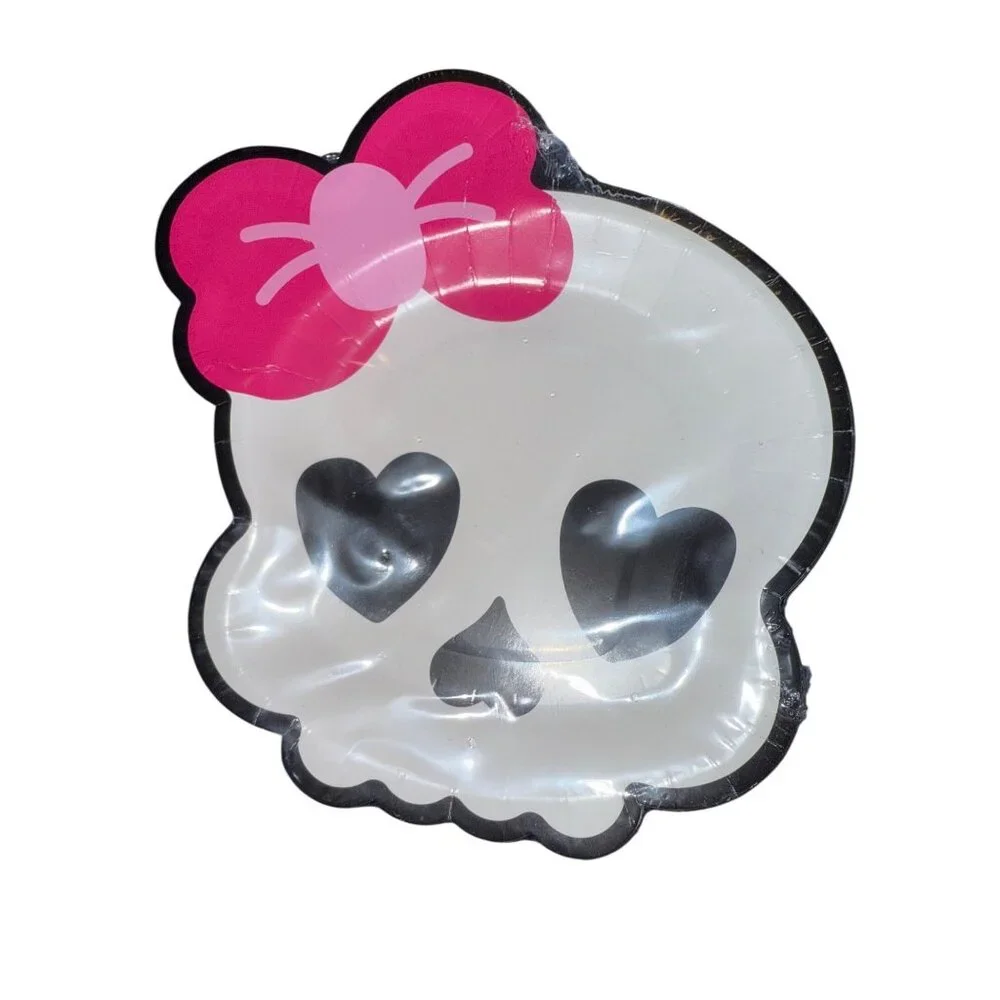 Halloween Skull Paper Plates With Pink Bow 6.7 x 7.2 In Set Of 12 *2